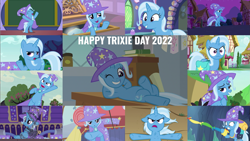 Size: 1977x1113 | Tagged: safe, edit, edited screencap, editor:quoterific, imported from derpibooru, screencap, trixie, pony, unicorn, a horse shoe-in, a matter of principals, all bottled up, boast busters, magic duel, no second prances, road to friendship, student counsel, the ending of the end, to change a changeling, to where and back again, uncommon bond, bag, bipedal, cape, chains, clothes, cute, diatrixes, hat, one eye closed, ponyville, saddle bag, trixie's cape, trixie's hat, trixie's wagon, twilight's castle, wagon, wink