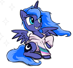 Size: 962x900 | Tagged: safe, artist:sallycars, imported from derpibooru, princess luna, alicorn, pony, clothes, cute, female, filly, filly luna, foal, gritted teeth, hoodie, horn, legitimately amazing mspaint, lunabetes, mare, ms paint, raised hoof, simple background, sitting, smiling, solo, spread wings, stars, teeth, white background, wings, younger