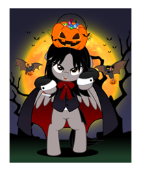 Size: 4112x5000 | Tagged: safe, artist:jhayarr23, imported from derpibooru, bat, pegasus, pony, undead, vampire, bipedal, candy, cape, clothes, commission, fangs, floppy ears, folded wings, food, gerard way, halloween, holiday, jack-o-lantern, looking at you, male, moon, my chemical romance, night, night sky, ponified, pumpkin, pumpkin bucket, sky, solo, stallion, tree, wings, ych result