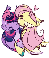 Size: 387x456 | Tagged: safe, artist:lilac-wishes, imported from derpibooru, fluttershy, twilight sparkle, alicorn, bat pony, pegasus, pony, blushing, cute, fangs, female, flutterbat, heart, hybrid wings, kissing, lesbian, race swap, shipping, shyabates, shyabetes, simple background, transparent background, twiabetes, twilight sparkle (alicorn), twishy, white background, wings