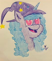 Size: 2974x3461 | Tagged: safe, artist:jesslmc16, imported from derpibooru, izzy moonbow, bat pony, pony, unicorn, bust, chest fluff, clothes, colored, colored pencil drawing, costume, ear fluff, fangs, g5, halloween, halloween costume, hat, holiday, looking at you, nightmare night, nightmare night costume, portrait, smiling, smiling at you, traditional art, witch, witch costume, witch hat