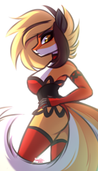 Size: 690x1200 | Tagged: safe, alternate version, artist:kannakiller, imported from derpibooru, oc, oc only, oc:rya fox, anthro, fox, fox pony, hybrid, alternate character, ass, bodysuit, breasts, butt, cheeky panties, choker, clothes, collar, corset, countershading, digital art, double tail, eyelashes, female, frown, gift art, gloves, half body, light, looking at you, looking back, looking back at you, mare, multiple tails, sexy, simple background, sketch, socks, solo, stockings, tail, thigh highs, white background