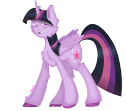 Size: 1349x1184 | Tagged: safe, artist:4agonism, imported from derpibooru, part of a set, mean twilight sparkle, twilight sparkle, alicorn, pony, the mean 6, cheek fluff, chest fluff, colored hooves, ear fluff, elbow fluff, evil grin, female, folded wings, full body, grin, leg fluff, looking at you, mare, shoulder fluff, simple background, smiling, solo, twilight sparkle (alicorn), unshorn fetlocks, white background, wide stance, wings