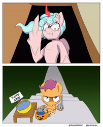 Size: 3000x3700 | Tagged: safe, artist:begoliah, imported from derpibooru, cozy glow, scootaloo, pegasus, pony, comic:crusaders, candy, comic, female, filly, foal, food, middle feather, middle finger, prosthetics, pumpkin bucket, vulgar, wing hands