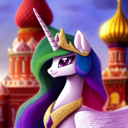 Size: 1024x1024 | Tagged: safe, editor:dovakkins, imported from derpibooru, princess celestia, alicorn, pony, ai content, ai generated, beautiful, bust, cathedral, cute, female, generator:purplesmart.ai, generator:stable diffusion, jewelry, moscow, portrait, red square, regalia, russia, smiling, st. basil's cathedral