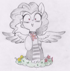 Size: 1952x1989 | Tagged: safe, artist:foxtrot3, imported from derpibooru, oc, oc only, oc:sock, pegasus, choker, clothes, flower, red eyes, smiling, socks, solo, striped socks, traditional art