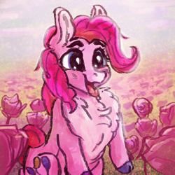 Size: 2000x2000 | Tagged: safe, artist:br0via, imported from derpibooru, pinkie pie, earth pony, pony, chest fluff, cute, diapinkes, female, flower, flower field, mare, open mouth, solo, tongue out