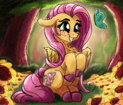 Size: 2000x1700 | Tagged: safe, artist:br0via, imported from derpibooru, fluttershy, butterfly, pegasus, pony, colored hooves, cute, female, floppy ears, flower, forest, freckles, freckleshy, grin, mare, shyabetes, sitting, sitting up, smiling, solo, sunflower