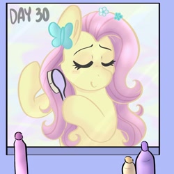 Size: 1080x1080 | Tagged: safe, artist:flutterpawss, imported from derpibooru, fluttershy, pegasus, pony, brush, brushing, bust, eyelashes, eyes closed, female, hairbrush, inktober 2022, mare, reflection, solo