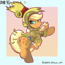 Size: 1080x1080 | Tagged: safe, artist:flutterpawss, imported from derpibooru, applejack, earth pony, pony, abstract background, clothes, female, freckles, hat, inktober 2022, mare, rearing, scarecrow, smiling, solo