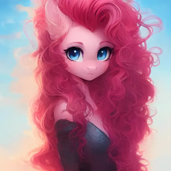 Size: 1024x1024 | Tagged: safe, imported from derpibooru, pinkie pie, anthro, earth pony, ai content, ai generated, clothes, colored eyebrows, cropped, cute, dress, ear fluff, eyebrows, eyelashes, female, generator:purplesmart.ai, generator:stable diffusion, looking at you, messy hair, prompter:nightluna, solo, standing, sunrise, the quality of ai art is frightening