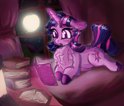 Size: 2350x2000 | Tagged: safe, artist:br0via, imported from derpibooru, twilight sparkle, pony, unicorn, book, bookhorse, chest fluff, cute, floppy ears, full moon, lying down, moon, night, prone, reading, solo, sploot, twiabetes