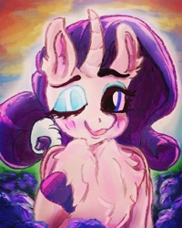 Size: 1080x1350 | Tagged: safe, artist:br0via, imported from derpibooru, rarity, pony, unicorn, blushing, chest fluff, colored hooves, cute, ear fluff, female, mare, one eye closed, raribetes, smiling, solo