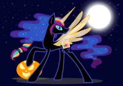 Size: 4000x2800 | Tagged: safe, artist:lunadorable, imported from derpibooru, nightmare moon, sunny starscout, alicorn, pony, braid, clothes, ethereal mane, ethereal tail, fake cutie mark, female, full moon, g5, halloween, holiday, jack-o-lantern, mare, mlp fim's twelfth anniversary, moon, multicolored hair, nightmare night, nightmare night costume, nightmare sunny, pumpkin, rainbow hair, role reversal, slit pupils, solo, spread wings, starry night, starry sky, stars, tail, wings