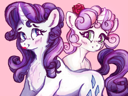 Size: 3200x2400 | Tagged: safe, artist:br0via, imported from derpibooru, rarity, sweetie belle, pony, unicorn, blushing, chest freckles, cute, diasweetes, duo, female, filly, flower, flower in hair, foal, freckles, lipstick, looking at each other, looking at someone, mare, pink background, raribetes, rose, siblings, simple background, sisters, smiling, smiling at each other