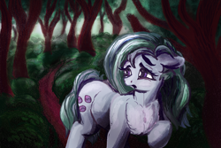 Size: 3000x2000 | Tagged: safe, artist:br0via, imported from derpibooru, marble pie, earth pony, pony, chest fluff, cute, forest, frown, looking back, marblebetes, open mouth, solo