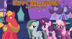 Size: 2064x1125 | Tagged: safe, artist:csillaghullo, artist:not-yet-a-brony, imported from derpibooru, big macintosh, cheerilee, marble pie, sugar belle, earth pony, unicorn, 2022, female, friends, friendship, halloween, holiday, husband and wife, lyrics in the description, male, mare, nightmare night, october, ponyville, shipping, stallion, straight, sugarmac, youtube link in the description