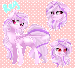 Size: 2800x2533 | Tagged: safe, artist:thecreativerey, imported from derpibooru, oc, oc only, alicorn, bat pony, bat pony alicorn, pony, alicorn oc, angry, bat wings, bust, female, horn, mare, polka dot background, reference sheet, smiling, wings