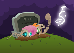 Size: 3600x2600 | Tagged: safe, anonymous artist, imported from derpibooru, big macintosh, fluttershy, earth pony, pegasus, skeleton pony, series:fm holidays, bone, female, fluttermac, frog (hoof), glowing, glowing eyes, grave, gravestone, halloween, high res, holiday, lightning, lineless, male, mare, night, rest in peace, shipping, skeleton, stallion, straight, underhoof