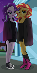 Size: 6000x11852 | Tagged: safe, artist:emeraldblast63, imported from derpibooru, starlight glimmer, sunset shimmer, human, equestria girls, bedroom eyes, boots, clothes, coat, converse, costume, dress, duo, eyeshadow, fangs, female, grin, makeup, night, shoes, smiling, vampire costume, vampire shimmer