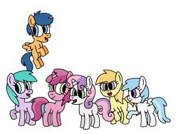 Size: 1189x897 | Tagged: safe, artist:northstarponyg1, imported from derpibooru, cotton cloudy, first base, noi, ruby pinch, sweetie belle, earth pony, pegasus, pony, unicorn, adorabase, alternate mane six, aura (g4), aurabetes, best friends, colored, cottonbetes, cute, diasweetes, female, filly, first base can fly, flapping, flying, foal, friends, g4, hooves, hooves up, noiabetes, open mouth, open smile, pegasus first base, pinchybetes, race swap, raised hoof, raised leg, simple background, smiling, transparent background