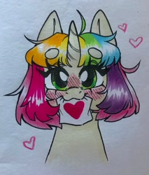 Size: 1744x2048 | Tagged: safe, artist:madkadd, imported from derpibooru, oc, oc:kadus, pony, unicorn, blushing, bust, eyelashes, female, heart, horn, mare, mouth hold, solo, traditional art, unicorn oc