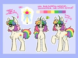 Size: 1009x750 | Tagged: safe, artist:madkadd, imported from derpibooru, oc, oc only, oc:kadus, pony, unicorn, chest fluff, eyelashes, female, mare, multicolored hair, rainbow hair, raised hoof, reference sheet, smiling