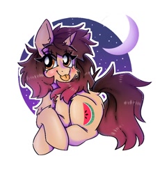 Size: 750x814 | Tagged: safe, artist:madkadd, imported from derpibooru, oc, oc only, oc:woonie, pony, unicorn, :p, chest fluff, crescent moon, eyelashes, female, horn, lying down, mare, moon, night, prone, simple background, solo, stars, tongue out, transparent moon, unicorn oc, white background