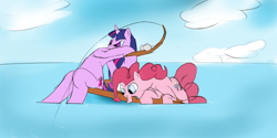 Size: 1366x685 | Tagged: safe, artist:mrabrickwall, imported from derpibooru, pinkie pie, twilight sparkle, earth pony, pony, unicorn, boat, duo, female, fishing, fishing rod, mare, outdoors, unicorn twilight