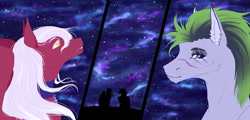 Size: 1080x518 | Tagged: safe, artist:clouris, imported from derpibooru, oc, oc only, earth pony, pegasus, pony, aurora borealis, bust, duo, ear fluff, eye scar, facial scar, scar, stars