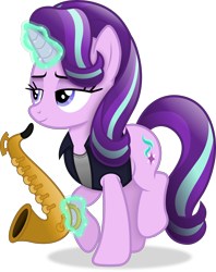 Size: 2874x3634 | Tagged: safe, artist:anime-equestria, imported from derpibooru, starlight glimmer, pony, unicorn, clothes, eyebrows, female, glowing, glowing horn, high res, horn, levitation, lidded eyes, magic, magic aura, mare, musical instrument, raised hoof, saxophone, simple background, smiling, solo, telekinesis, transparent background, vector