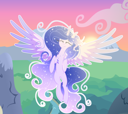 Size: 2514x2234 | Tagged: safe, artist:existencecosmos188, imported from derpibooru, oc, oc only, oc:existence, alicorn, pony, ethereal mane, eyes closed, female, flying, mare, outdoors, smiling, solo, spread wings, starry mane, wings