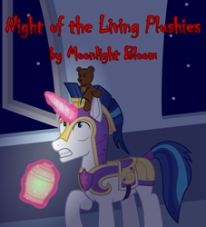 Size: 1559x1716 | Tagged: safe, artist:moonlight bloom, imported from derpibooru, shining armor, pony, unicorn, fanfic:night of the living plushies, animate object, armor, cookie, cookie jar, cover art, dark, ear pull, food, jar, magic, magic aura, male, night, open window, plushie, solo, stallion, stars, surprised, teddy bear, telekinesis, window