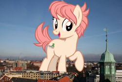 Size: 2048x1365 | Tagged: safe, artist:cheezedoodle96, artist:jaredking779, edit, imported from derpibooru, raspberry vinaigrette, earth pony, pony, background pony, copenhagen, denmark, female, giant pony, giant/macro earth pony, giantess, highrise ponies, irl, looking at you, macro, mare, mega giant, open mouth, photo, ponies in real life, raised hoof, smiling, solo