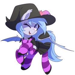 Size: 1000x1000 | Tagged: safe, artist:thebatfang, oc, oc:lucky roll, bat pony, pony, bat pony oc, bat wings, choker, clothes, costume, female, flying, halloween, halloween costume, hat, looking at you, mare, nightmare night, open mouth, shoes, simple background, skirt, smiling, socks, solo, transparent background, wings, winking at you, witch hat