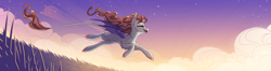 Size: 2707x714 | Tagged: safe, artist:alrumoon_art, imported from derpibooru, oc, oc only, oc:alruna moonrise, bat pony, pony, cloud, eyes closed, female, leonine tail, mare, running, sky, solo, stars, tail