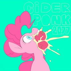 Size: 2500x2500 | Tagged: safe, artist:baigak, imported from derpibooru, pinkie pie, earth pony, pony, apple, bust, cyberpunk 2077, eating, female, food, green background, herbivore, looking up, mare, mouth hold, pun, simple background, turquoise background, wordplay