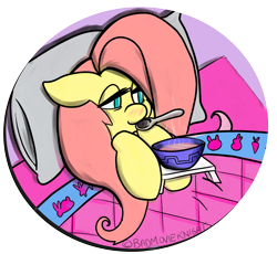 Size: 2169x1994 | Tagged: safe, artist:badmovieknight, imported from derpibooru, fluttershy, pony, bed, bowl, cute, floppy ears, g4, lidded eyes, pillow, ponytober, simple background, solo, spoon, transparent background