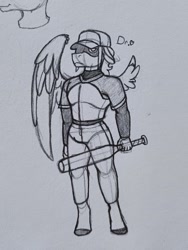 Size: 1678x2237 | Tagged: safe, artist:drheartdoodles, imported from derpibooru, oc, oc only, oc:single strike, anthro, bat, pegasus, baseball bat, female, full body, hat, mare, sports, traditional art