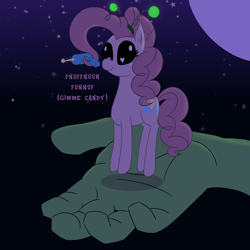 Size: 3500x3500 | Tagged: safe, artist:legendoflink, imported from derpibooru, pinkie pie, alien, alien pony, pony, cute, dialogue, diapinkes, disembodied hand, floating, hand, moon, pinktober, raygun, simple background, slim, solo, stars, text, thin legs, tiny, tiny ponies