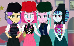 Size: 1131x707 | Tagged: safe, artist:robukun, imported from derpibooru, pinkie pie, sonata dusk, sunny sugarsocks, tip top, human, equestria girls, doo wop, german