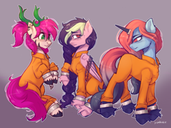 Size: 4425x3307 | Tagged: safe, artist:yumkandie, imported from derpibooru, oc, oc:crimson skies, oc:galactic lights, oc:zero, pony, antlers, bound wings, chained, clothes, colored hooves, commissioner:rainbowdash69, cuffed, cuffs, frustrated, jumpsuit, never doubt rainbowdash69's involvement, prison outfit, prisoner, sad, shackles, trio, unshorn fetlocks, wings