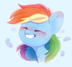 Size: 1025x957 | Tagged: safe, artist:melodylibris, imported from derpibooru, rainbow dash, pegasus, pony, blushing, bust, cute, dashabetes, ear blush, eyes closed, feather, female, gradient background, grin, mare, portrait, smiling, solo, teeth, three quarter view