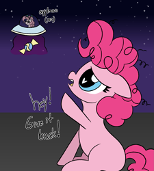 Size: 1597x1778 | Tagged: safe, artist:legendoflink, imported from derpibooru, pinkie pie, alien, earth pony, pony, abduction, ayy lmao, blank flank, cute, diapinkes, duo, female, filly, filly pinkie pie, foal, heart, heart eyes, self paradox, self ponidox, simple background, stealing, tiny, tiny ponies, wingding eyes, younger