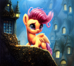 Size: 1152x1024 | Tagged: safe, derpibooru exclusive, imported from derpibooru, scootaloo, pegasus, pony, ai assisted, ai content, cute, female, filly, foal, generator:stable diffusion, moonlight, rooftop, solo