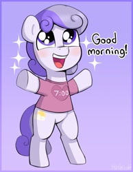 Size: 1688x2176 | Tagged: safe, artist:heretichesh, imported from derpibooru, oc, oc only, earth pony, pony, bipedal, blushing, clothes, cute, dialogue, gradient background, looking up, ocbetes, open mouth, open smile, shirt, smiling, solo, sparkles, talking to viewer, underhoof
