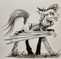 Size: 2712x2613 | Tagged: safe, artist:cahandariella, imported from derpibooru, oc, bat pony, pony, crossover, fanfic art, inktober, monochrome, solo, sword, the witcher, traditional art, weapon