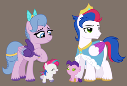 Size: 2894x1970 | Tagged: safe, artist:feather_bloom, imported from derpibooru, pipp petals, queen haven, zipp storm, oc, unnamed oc, pegasus, pony, baby, baby pony, cloak, clothes, crown, foal, g5, g5 oc, grumpy, jewelry, my little pony: make your mark, pegasus king, pegasus oc, regalia, royal sisters (g5), royalty, siblings, simple background, sisters, theory, unamused, unshorn fetlocks