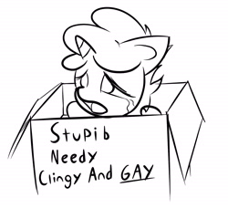 Size: 1815x1653 | Tagged: safe, artist:paintedskies, imported from derpibooru, oc, oc only, pony, unicorn, abuse, box, ink, male, monochrome, pony in a box, simple, simple background, solo, stupid, white background