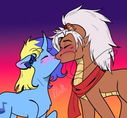 Size: 1200x1114 | Tagged: artist needed, safe, imported from derpibooru, oc, oc:bluewater, oc:polistar, dracony, dragon, hybrid, pony, unicorn, bow, horn, kiss on the lips, kissing, oc x oc, red scarf, shipping, smooch